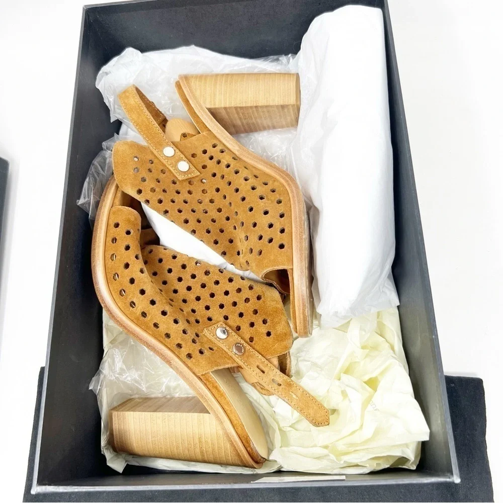 RAG & BONE BROWN SUEDE WYATT PERFORATED SANDAL STACKED HEEL BOOTIE WOMENS SZ 8.5